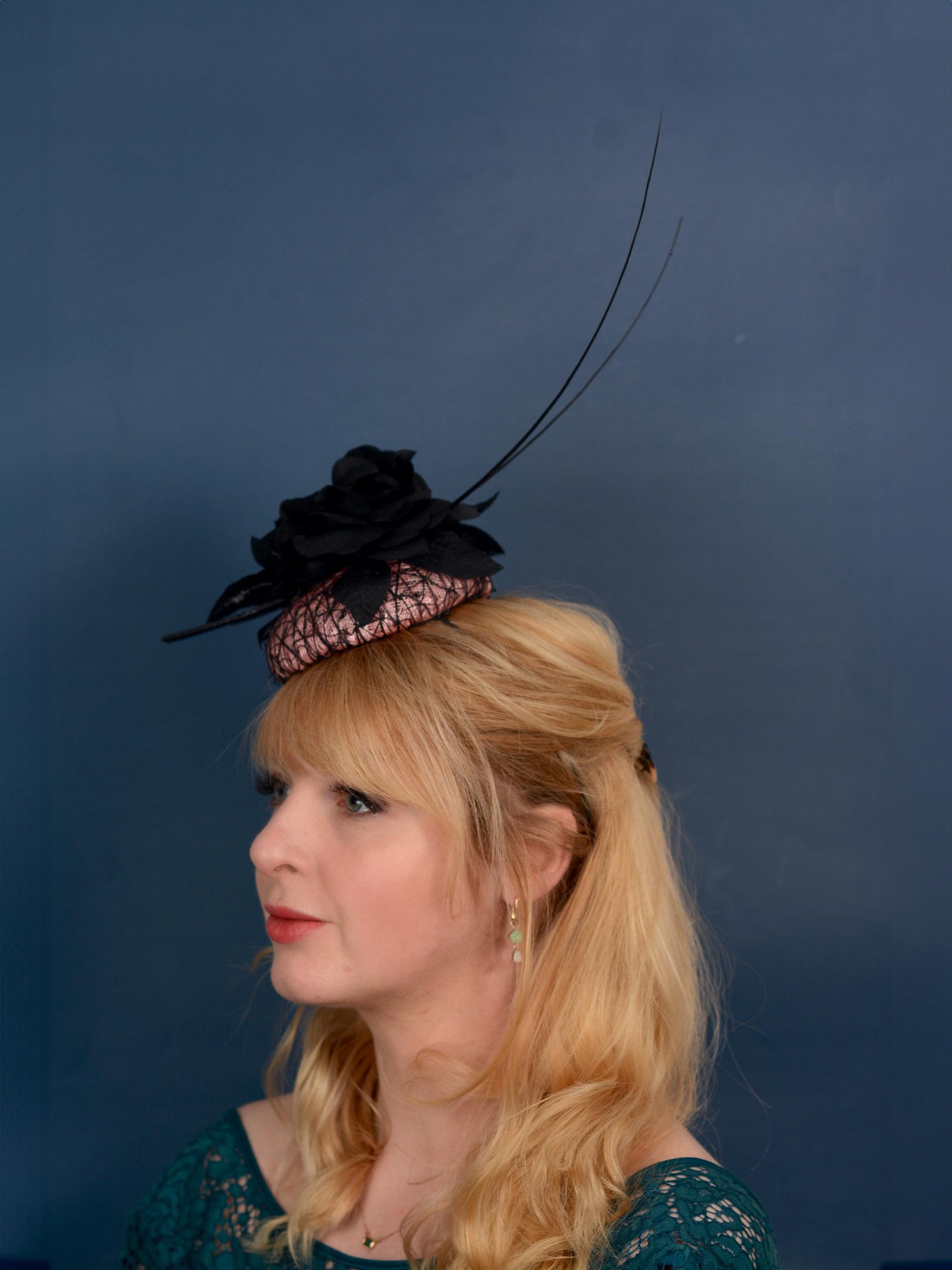 Black and Pink Button Fascinator with Black Roses and Feather Trim