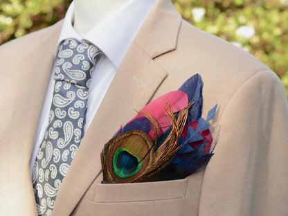 Burgundy, Navy Blue and Peacock Feather Pocket Square No.242 | Suit Accessory | Feather Neck Tie | Grooms Outfit | Groomsmen | Wedding