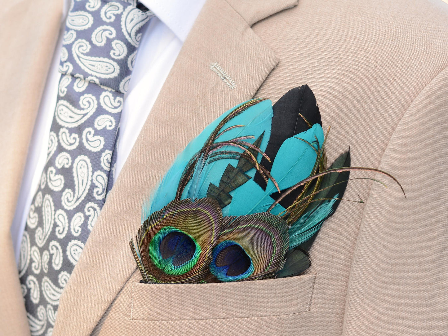 Teal, Green and Black Peacock Feather Pocket Square No.246 | Suit Accessory | Feather Neck Tie | Grooms Outfit | Groomsmen Gift