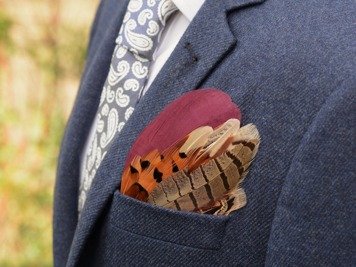 Burgundy and Copper Pheasant Feather Pocket Square No.189 | Suit Accessory | Feather Neck Tie | Grooms Outfit | Groomsmen Gift | Wedding