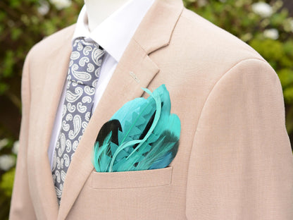 Turquoise, Teal and Green Feather Pocket Square No.219 | Suit Accessory | Feather Neck Tie | Grooms Outfit | Groomsmen | Wedding