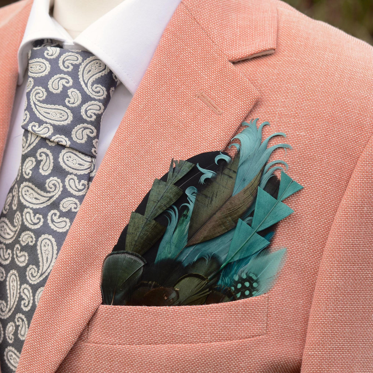Shades of Teal and Green Feather Pocket Square No.153 | Suit Accessory | Feather Neck Tie | Grooms Outfit | Groomsmen Gift