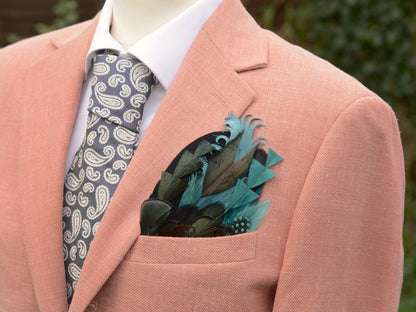Shades of Teal and Green Feather Pocket Square No.153 | Suit Accessory | Feather Neck Tie | Grooms Outfit | Groomsmen Gift