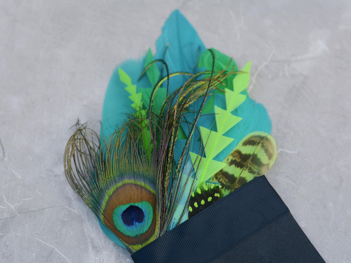 Bright Teal and Lime Green Peacock Feather Pocket Square No.239 | Suit Accessory | Feather Neck Tie | Grooms Outfit | Groomsmen | Wedding