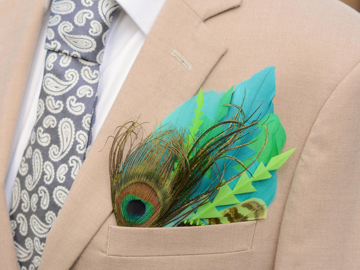 Bright Teal and Lime Green Peacock Feather Pocket Square No.239 | Suit Accessory | Feather Neck Tie | Grooms Outfit | Groomsmen | Wedding