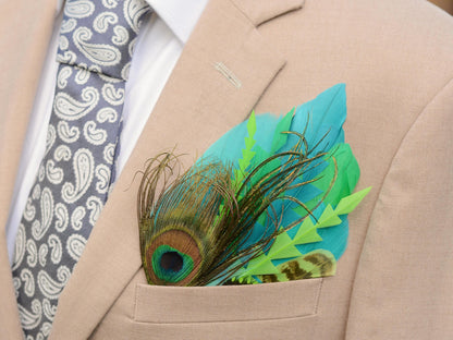 Bright Teal and Lime Green Peacock Feather Pocket Square No.239 | Suit Accessory | Feather Neck Tie | Grooms Outfit | Groomsmen | Wedding