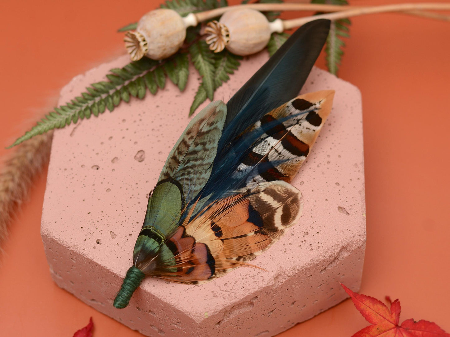 Pheasant Feather Hat Pin Brooch in Green and Copper No.301 | Unique Pheasant Feather Boutonniere