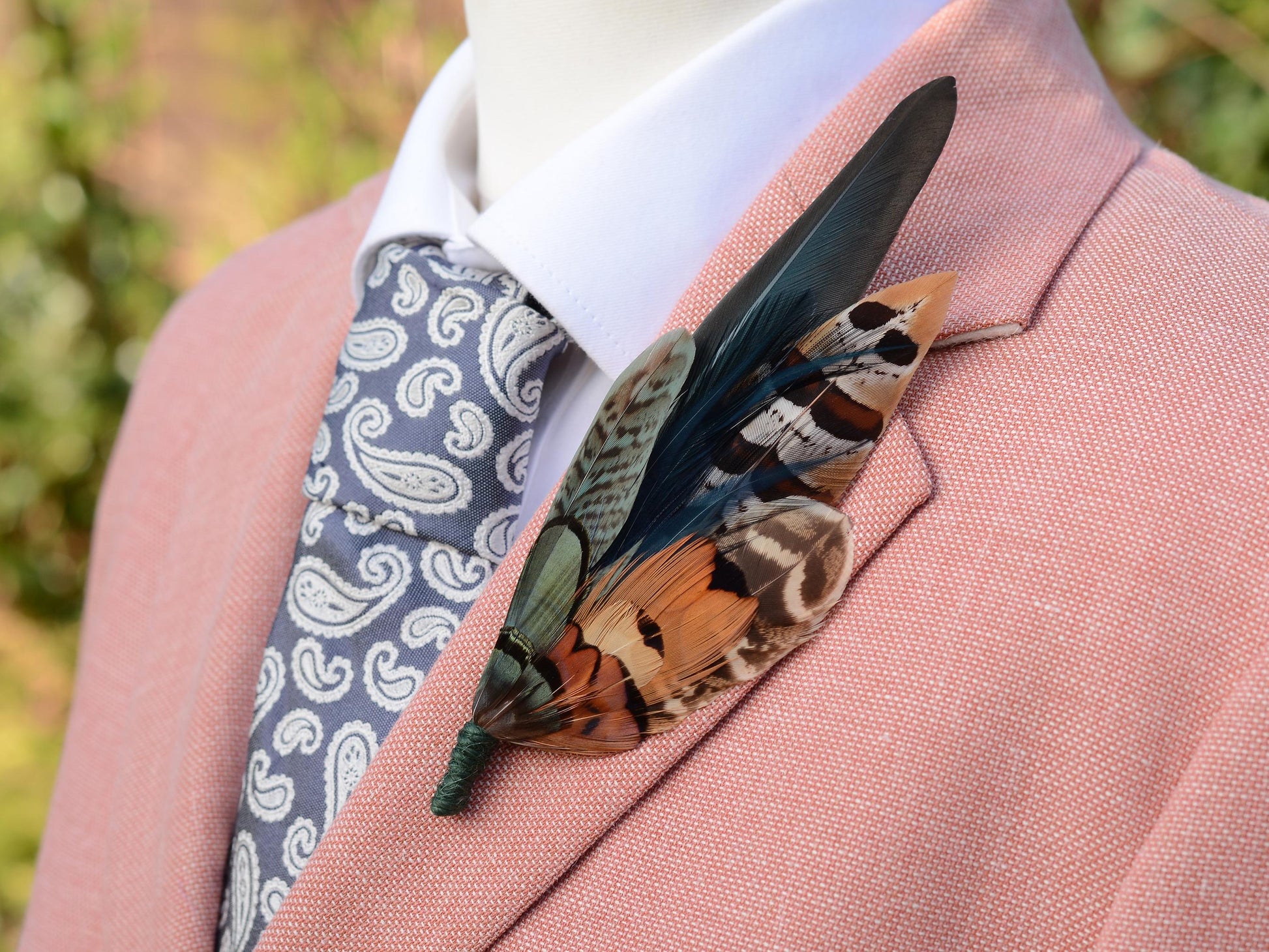 Pheasant Feather Hat Pin Brooch in Green and Copper No.301 | Unique Pheasant Feather Boutonniere