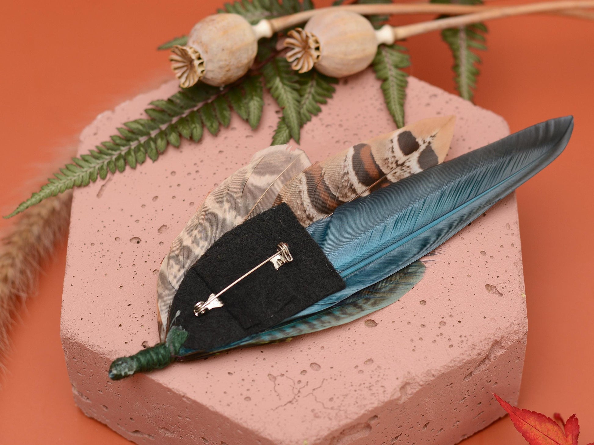 Pheasant Feather Hat Pin Brooch in Green and Copper No.301 | Unique Pheasant Feather Boutonniere