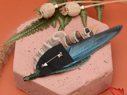 Pheasant Feather Hat Pin Brooch in Green and Copper No.301 | Unique Pheasant Feather Boutonniere