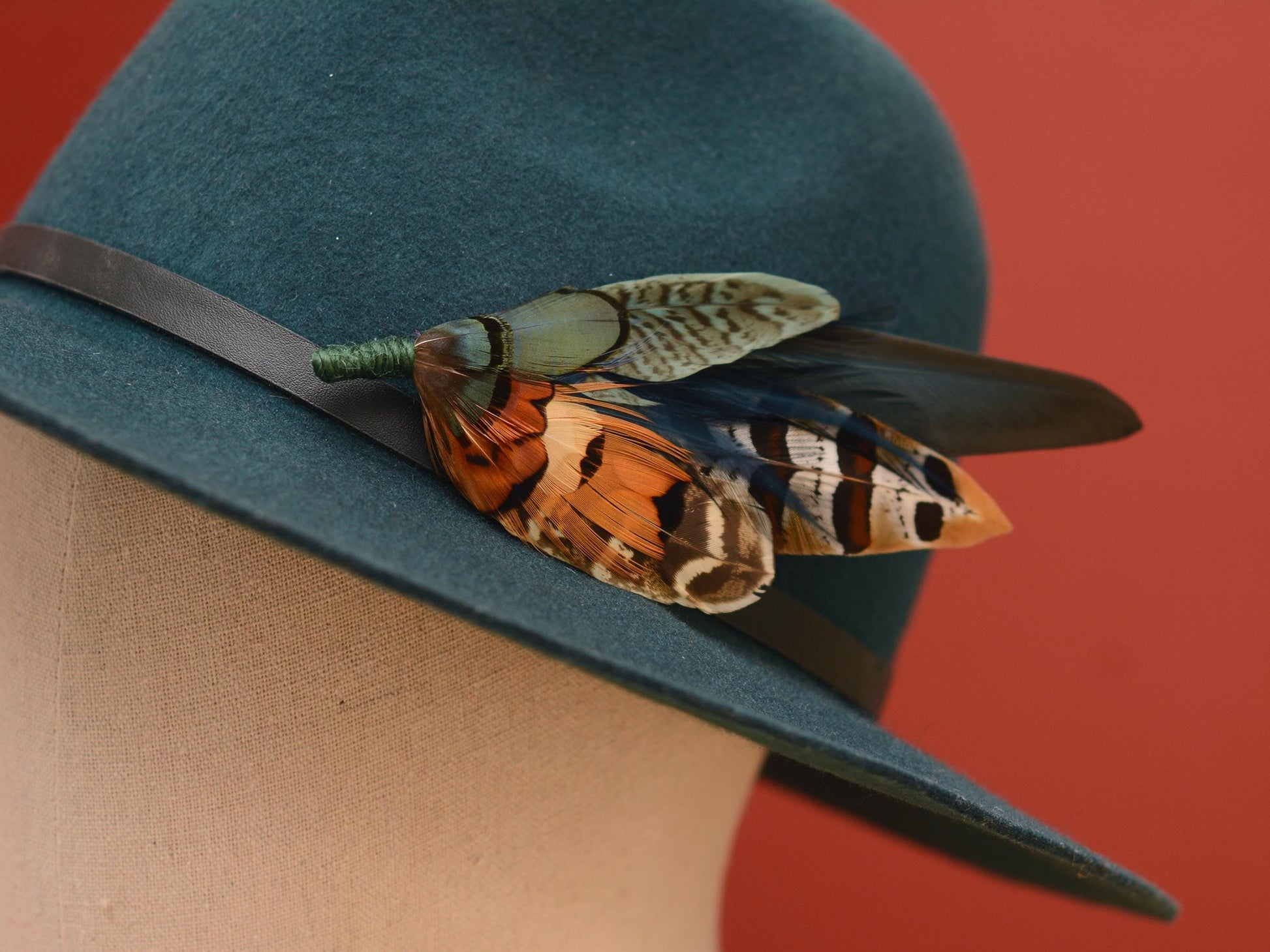 Pheasant Feather Hat Pin Brooch in Green and Copper No.301 | Unique Pheasant Feather Boutonniere