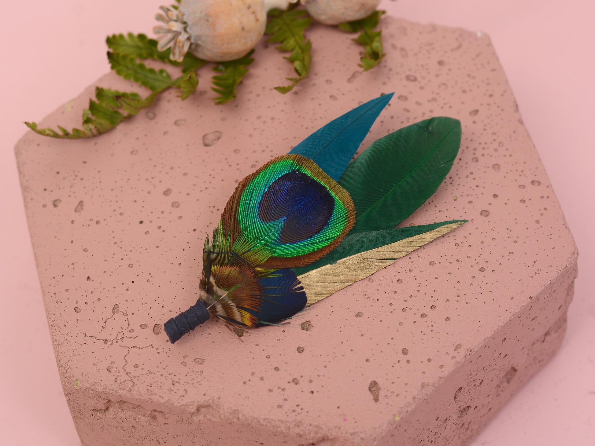 Peacock Gold and Green Feather Lapel Pin Small No.240 | Unique Peacock Feather Boutonniere | Pheasant Feather Brooch