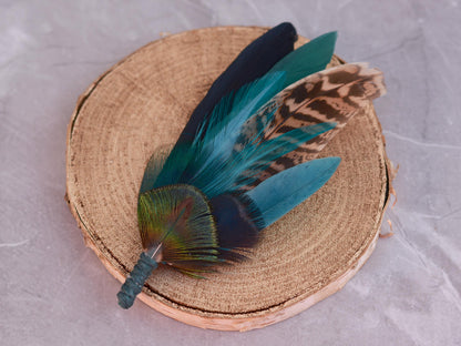 Green, Teal and Black Pheasant Feather Lapel Pin No.240 | Peacock Feather Hat Pin |Unique Pheasant Feather Brooch