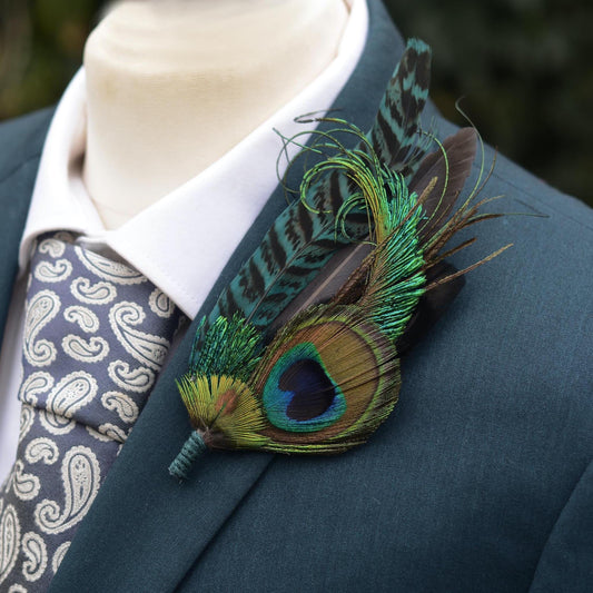 Teal Peacock Feather Lapel Pin Large | Feather Boutonniere | Pheasant Feather Brooch | Feather Hat Pin