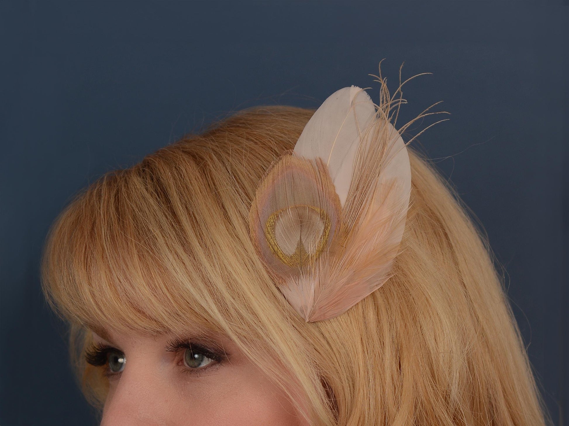 Feather Hair Clip in Golden Blush Pink and Antique Ivory Peacock | Bridal Feather Hair Clip | Blush Feather Fascinator