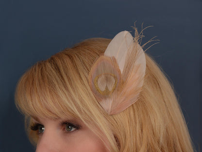 Feather Hair Clip in Golden Blush Pink and Antique Ivory Peacock | Bridal Feather Hair Clip | Blush Feather Fascinator