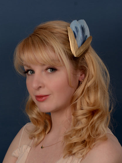 Feather Hair Clip in Sky Blue and Gold | Royal Blue Feather Fascinator | Feather Headpiece | Bridal Hair Clip | Bridesmaids