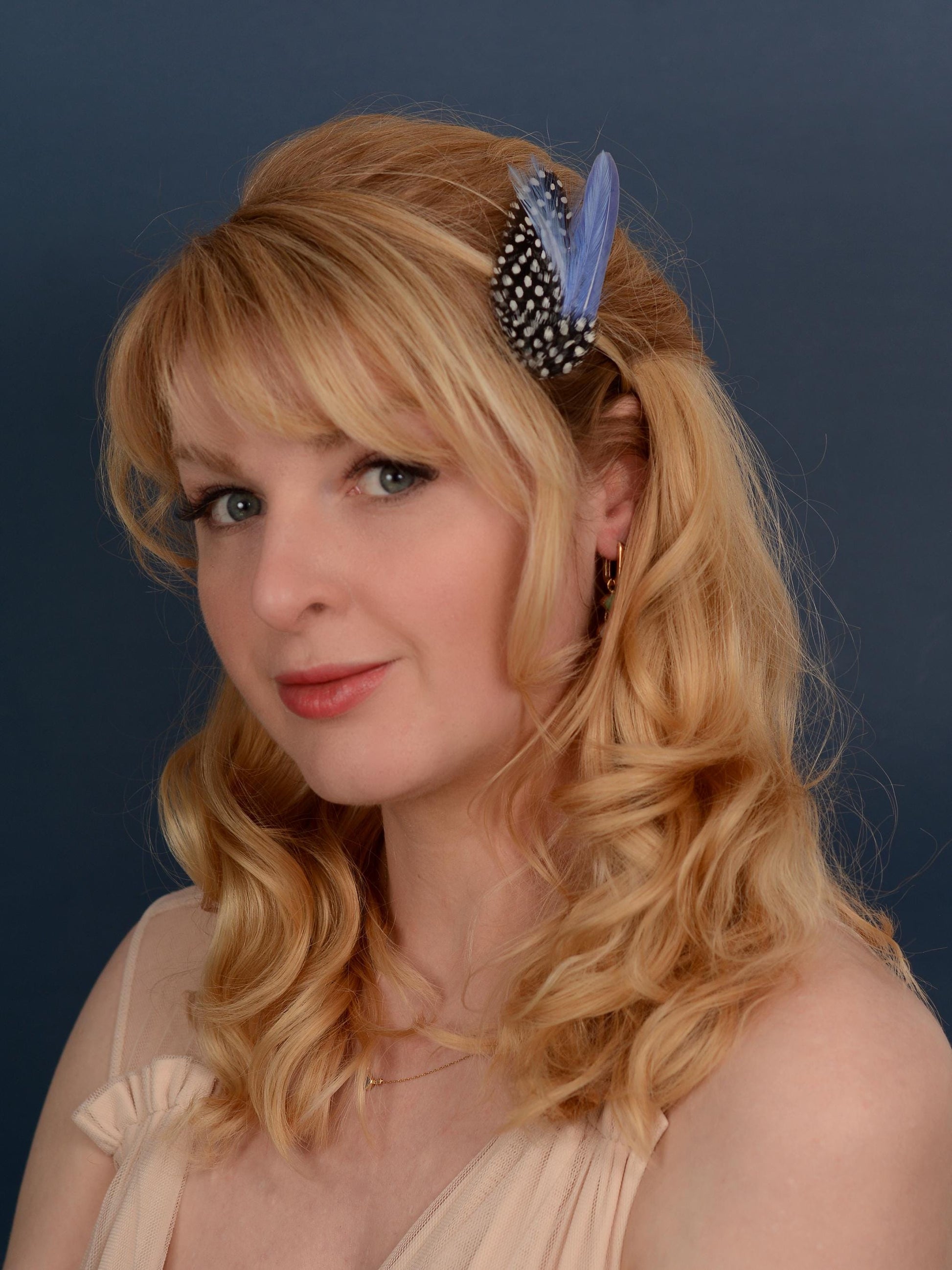 Feather Hair Clip in Cornflower Blue and Polka Dot | Blue Feather Hair Clip | Pastel Blue Feather Headpiece | Wedding Fascinator