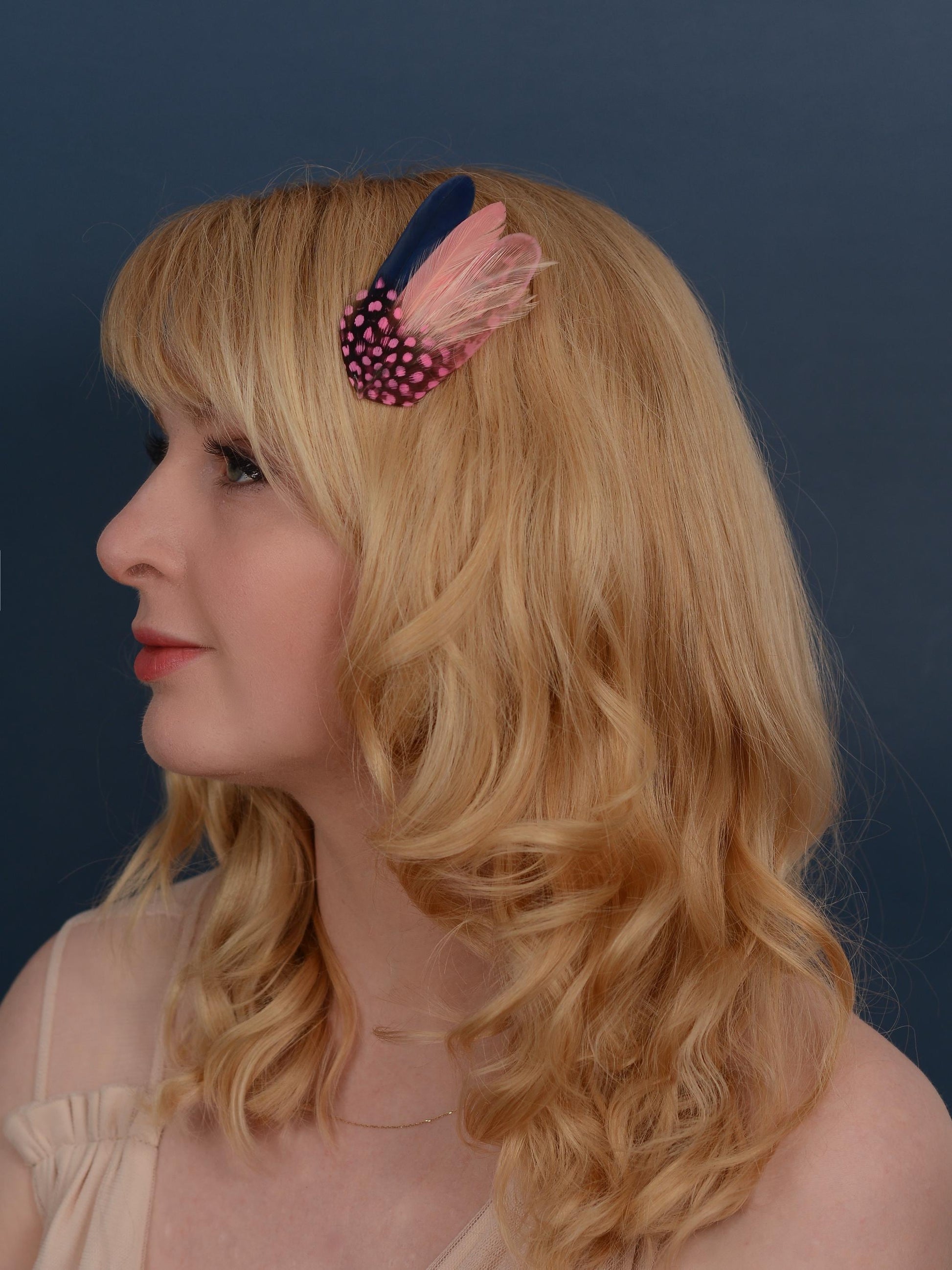 Small Feather Hair Clip in Navy and Pink