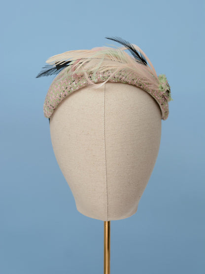 Tweed Pink and Mint Green Bandeau Fascinator with Feather Mount | Feather Hat | Wedding Fascinator
