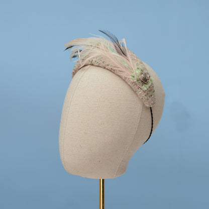 Tweed Pink and Mint Green Bandeau Fascinator with Feather Mount | Feather Hat | Wedding Fascinator