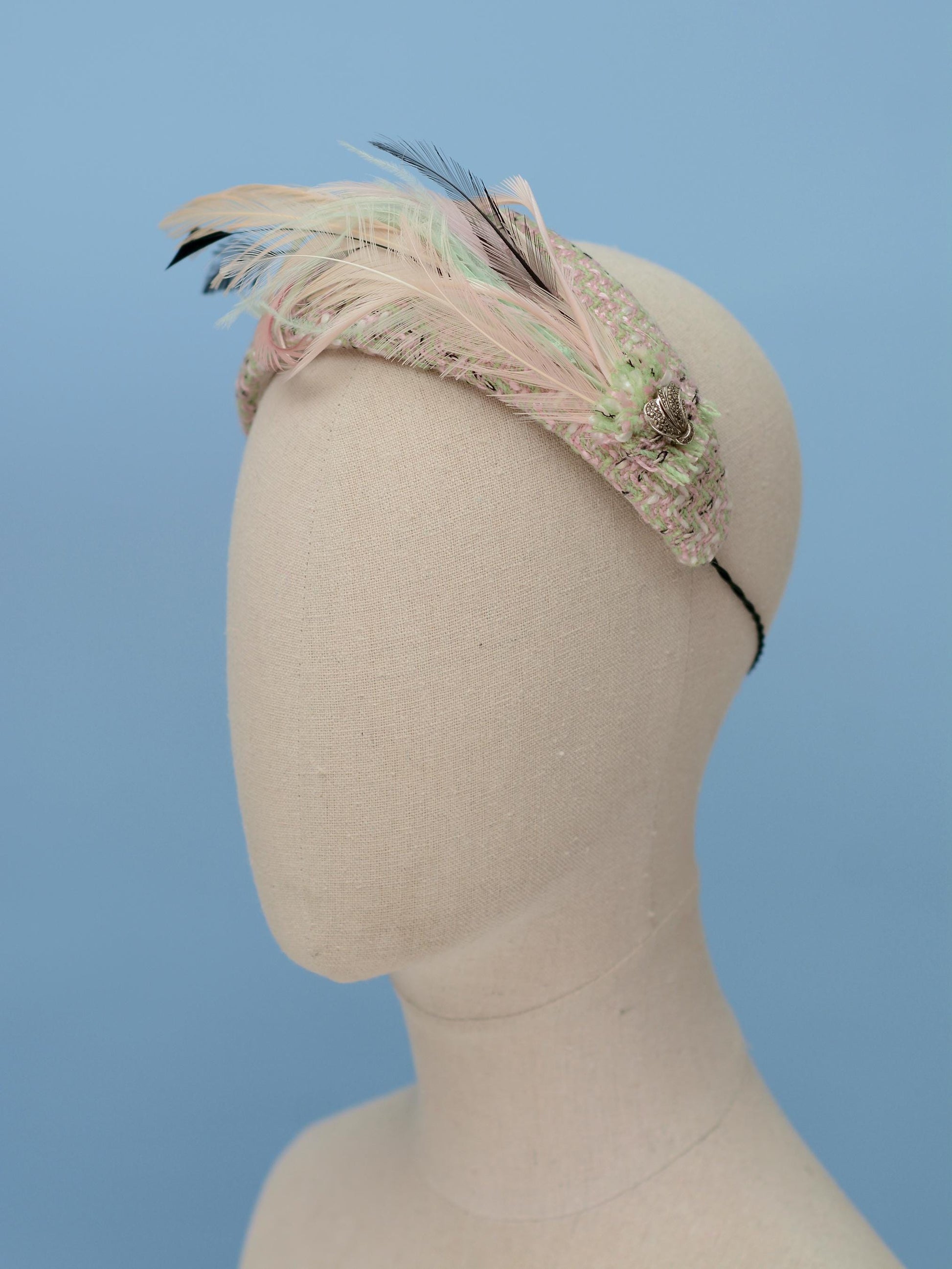 Tweed Pink and Mint Green Bandeau Fascinator with Feather Mount | Feather Hat | Wedding Fascinator