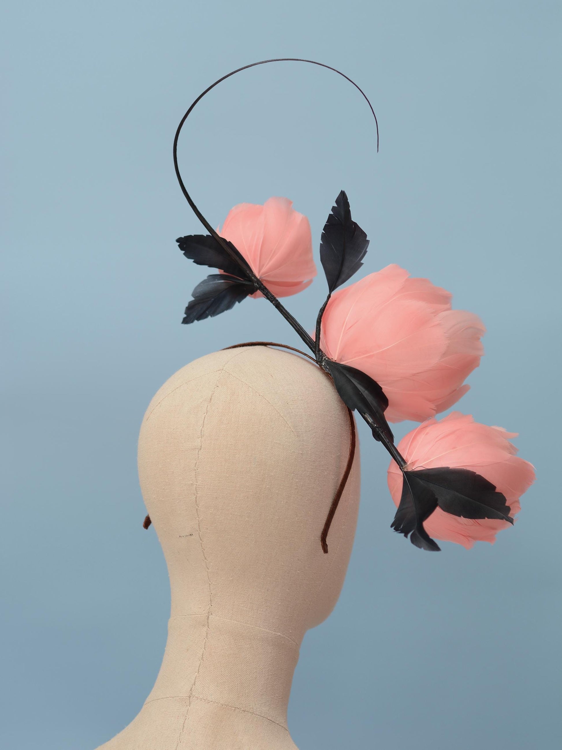 Soft Pink Peonies and Navy Blue Feather Flower Headpiece