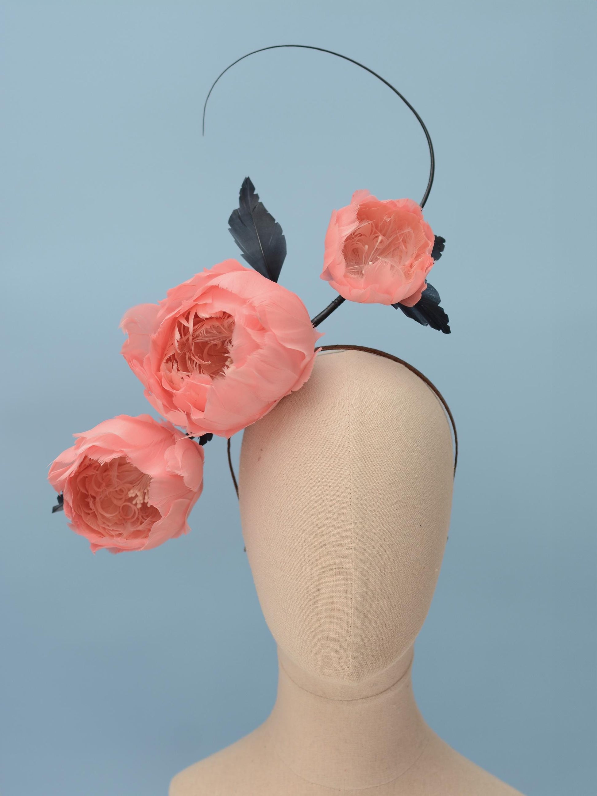 Soft Pink Peonies and Navy Blue Feather Flower Headpiece