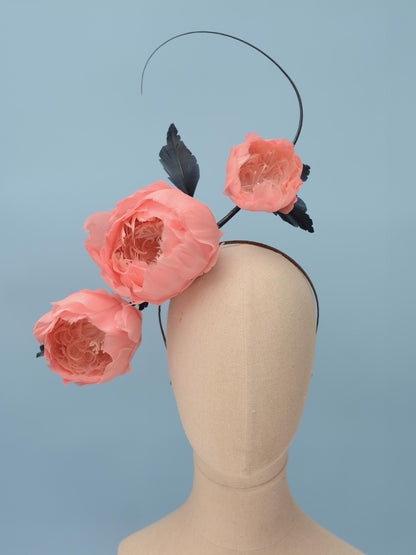 Soft Pink Peonies and Navy Blue Feather Flower Headpiece