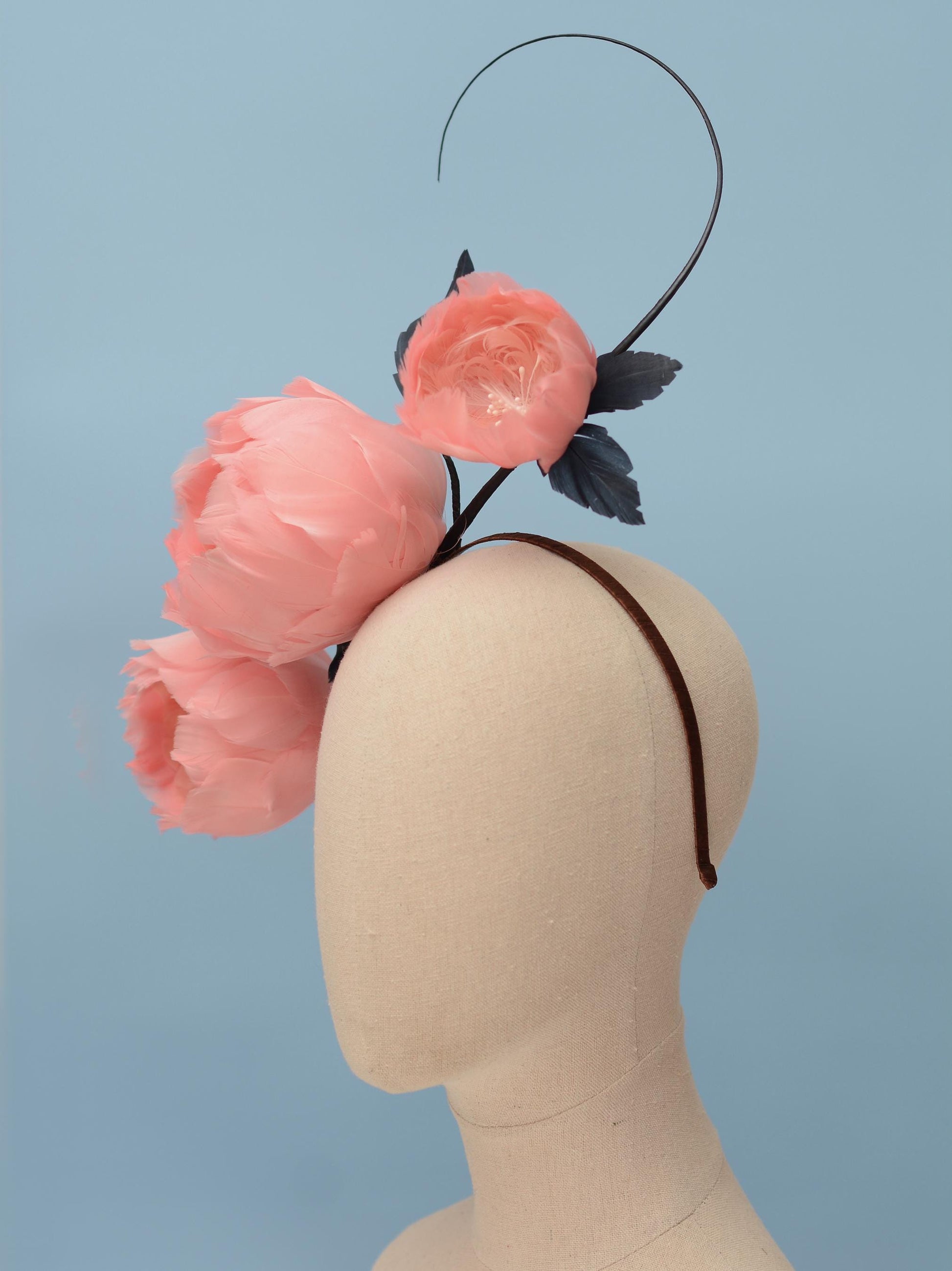 Soft Pink Peonies and Navy Blue Feather Flower Headpiece