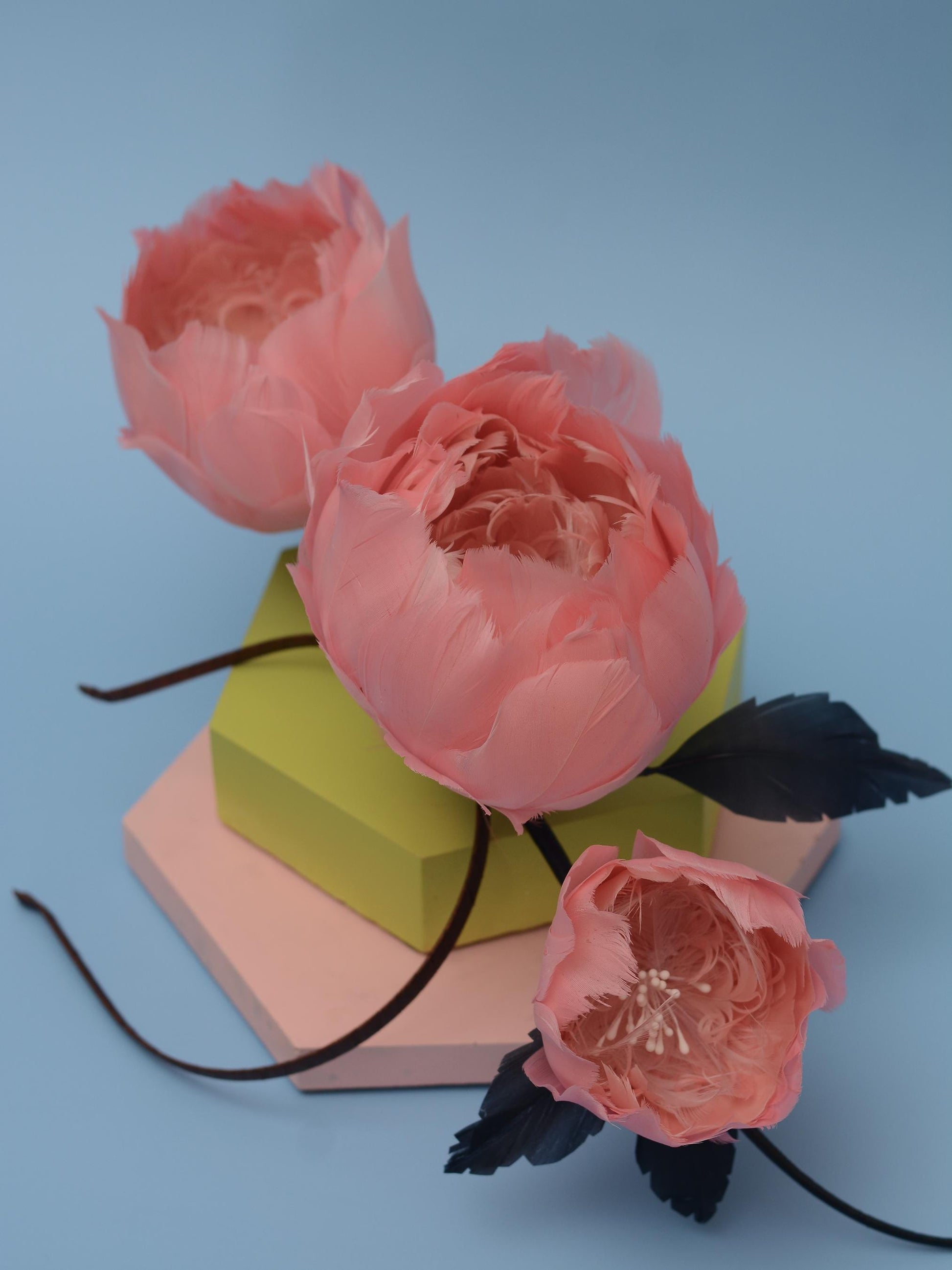 Soft Pink Peonies and Navy Blue Feather Flower Headpiece