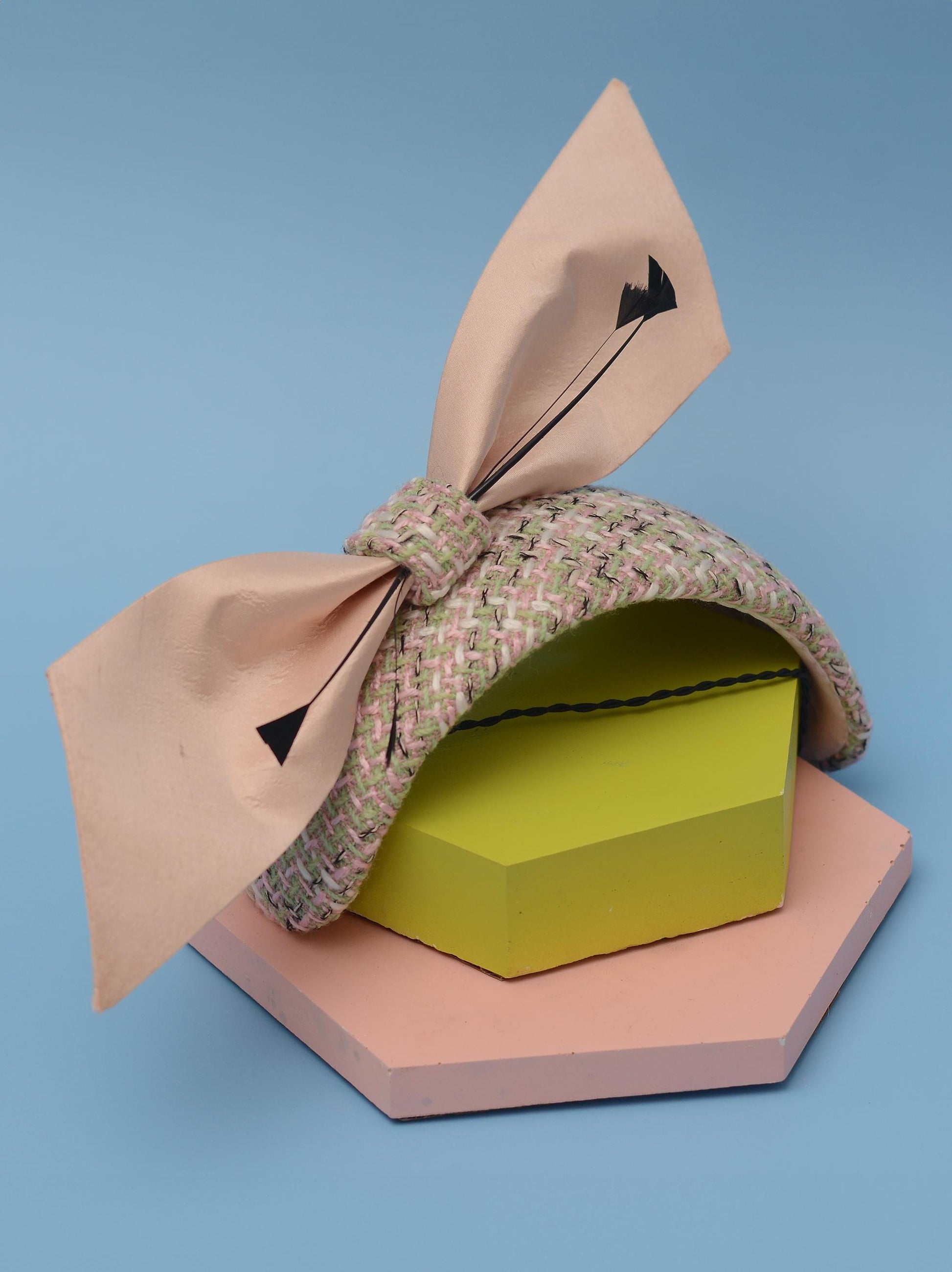 Tweed Pink and Mint Green Giant Bow Bandeau Fascinator | Feather Hat | Wedding Fascinator