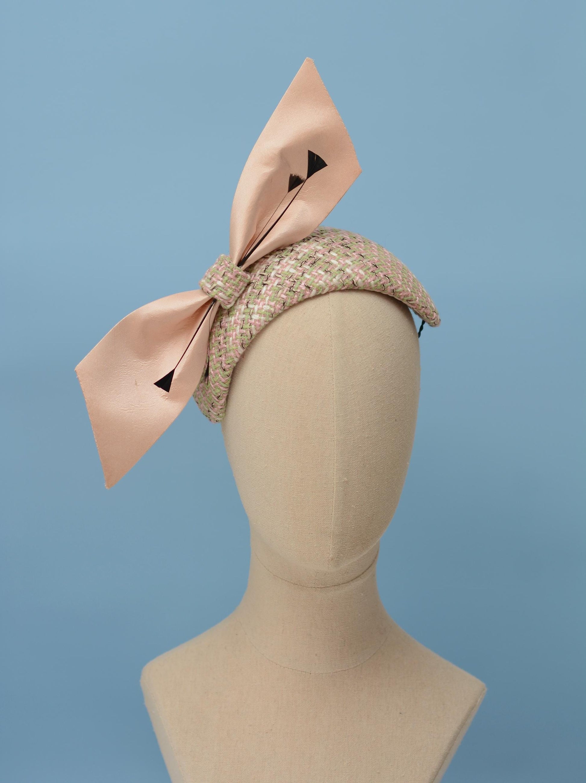 Tweed Pink and Mint Green Giant Bow Bandeau Fascinator | Feather Hat | Wedding Fascinator