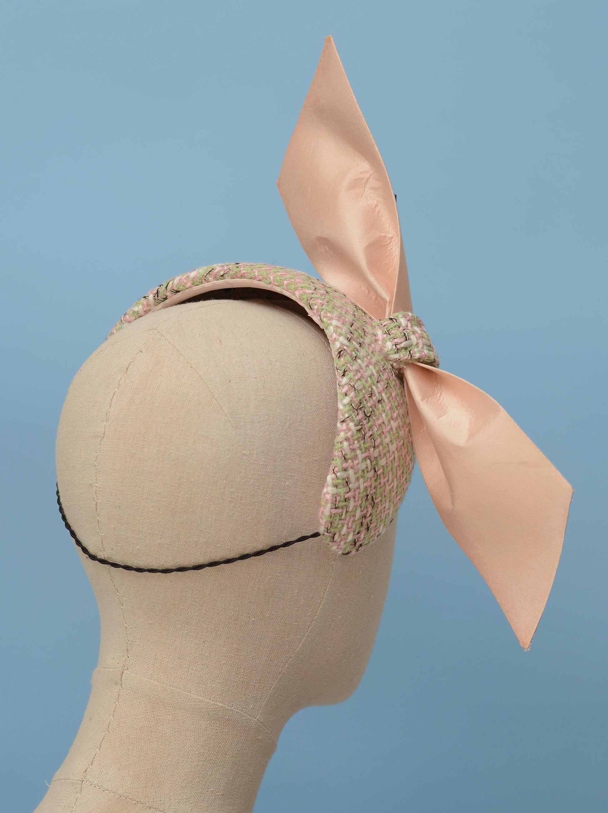 Tweed Pink and Mint Green Giant Bow Bandeau Fascinator | Feather Hat | Wedding Fascinator