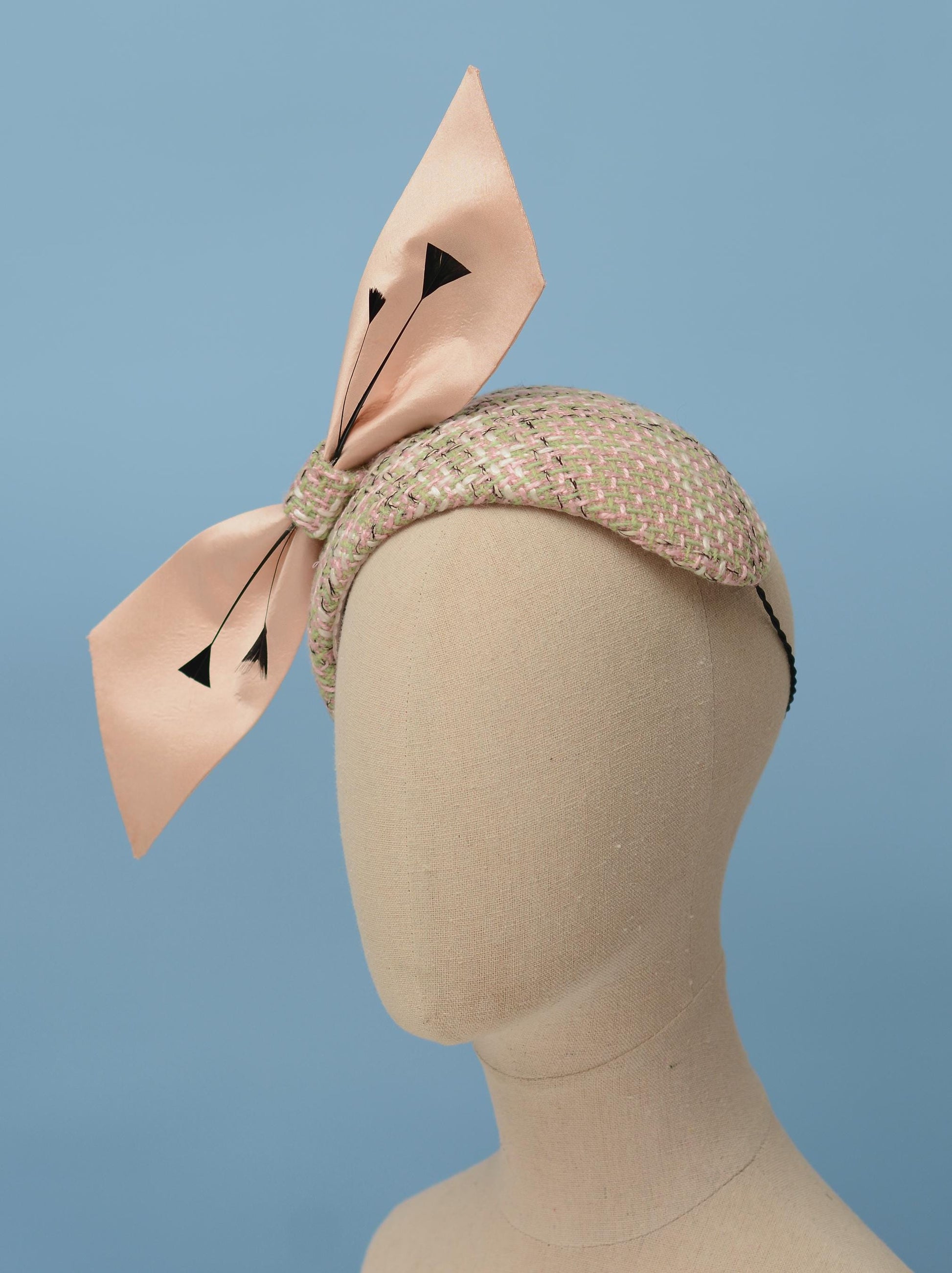 Tweed Pink and Mint Green Giant Bow Bandeau Fascinator | Feather Hat | Wedding Fascinator