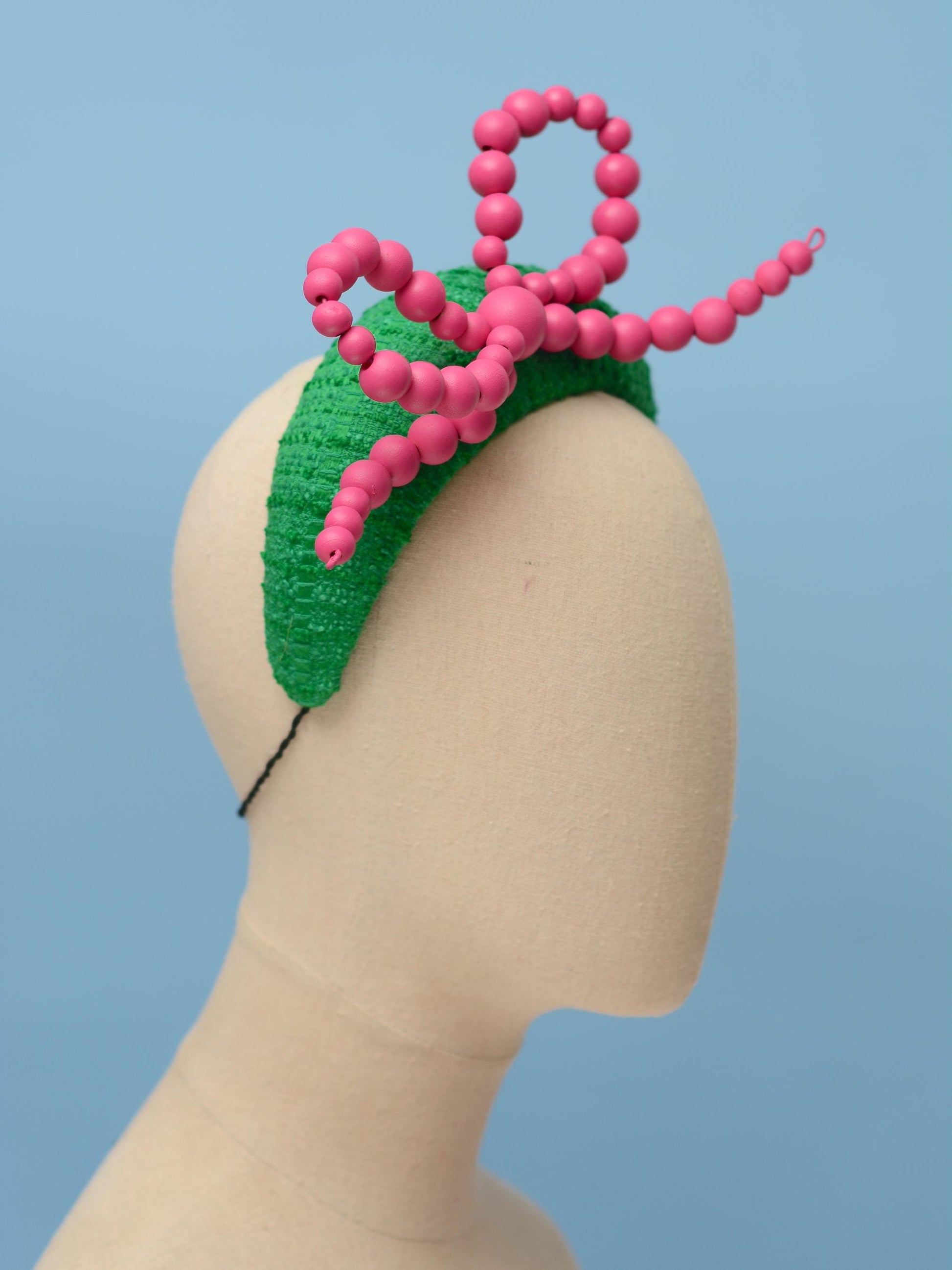 Pink and Green Giant Bead Bow Bandeau Headband Fascinator | Horse Racing Hat | Wedding Fascinator