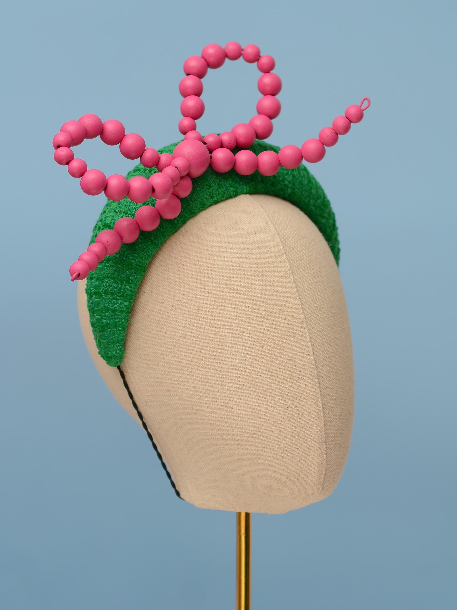 Pink and Green Giant Bead Bow Bandeau Headband Fascinator | Horse Racing Hat | Wedding Fascinator