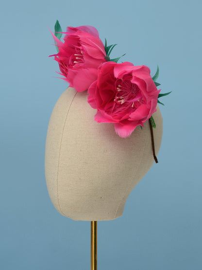 Fuchsia Pink Feather Flower Headband Fascinator Side Percher