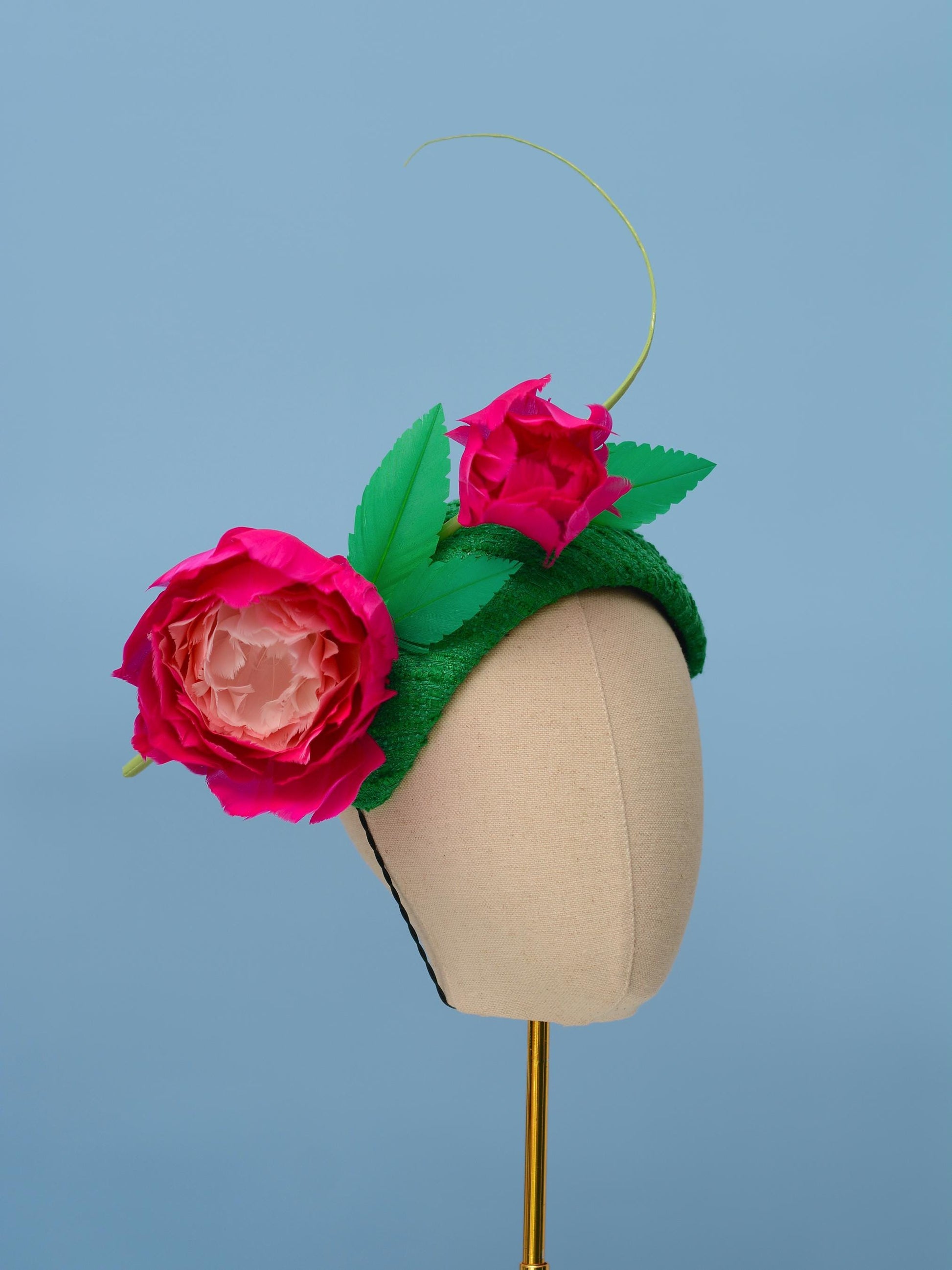 Pink and Green Giant Feather Rose Bandeau Headband Fascinator | Horse Racing Hat | Wedding Fascinator