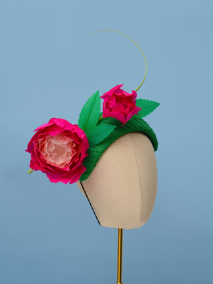Pink and Green Giant Feather Rose Bandeau Headband Fascinator | Horse Racing Hat | Wedding Fascinator