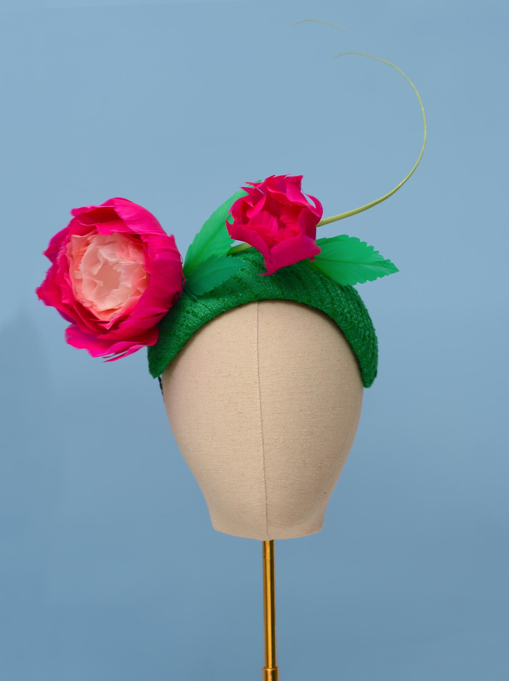 Pink and Green Giant Feather Rose Bandeau Headband Fascinator | Horse Racing Hat | Wedding Fascinator