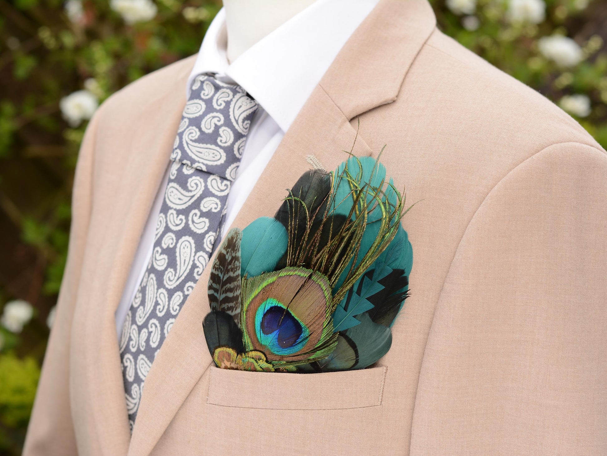 Peacock Feather Pocket Square in Shades of Black and Green No.232 | Suit Accessory | Feather Neck Tie | Grooms Outfit |