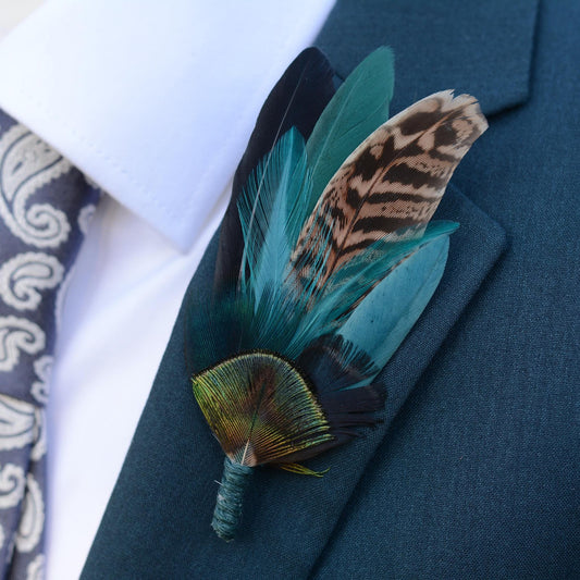 Green, Teal and Black Pheasant Feather Lapel Pin No.240 | Peacock Feather Hat Pin |Unique Pheasant Feather Brooch