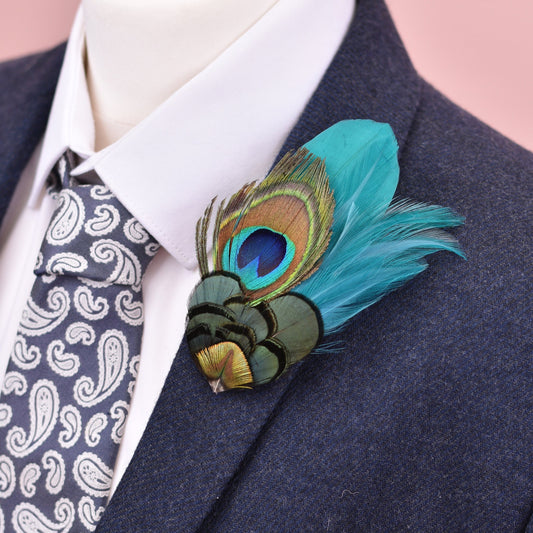 Teal and Peacock Feather Boutonniere | Peacock Feather Pin Peacock Feather Brooch | Peacock Feather Hat Pin