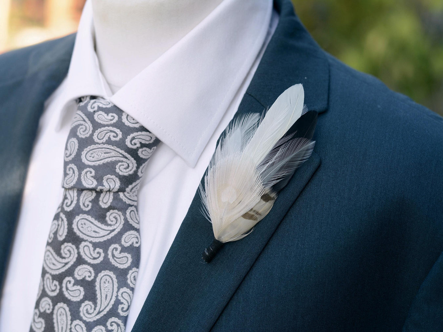 Monochrome Black and Ivory Peacock Feather Lapel Pin Brooch | Feather Boutonniere | Feather Brooch | Feather Lapel Pin