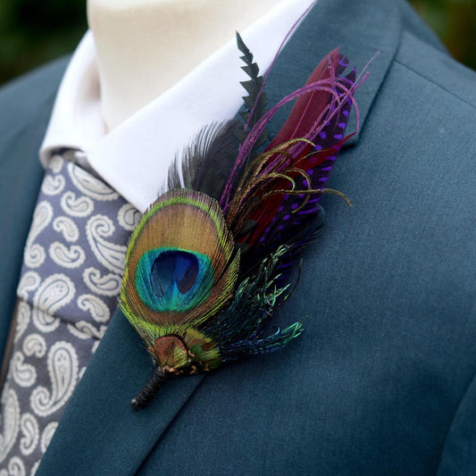 Purple and Peacock Feather Boutonniere No.325 | Feather Hat Pin