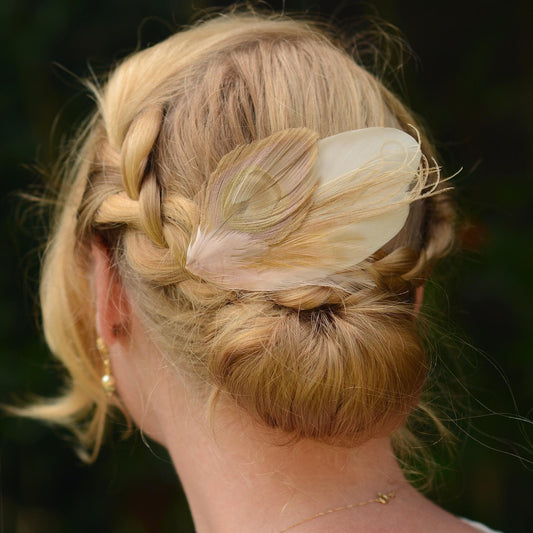 Feather Hair Clip in Golden Blush Pink and Antique Ivory Peacock | Bridal Feather Hair Clip | Blush Feather Fascinator