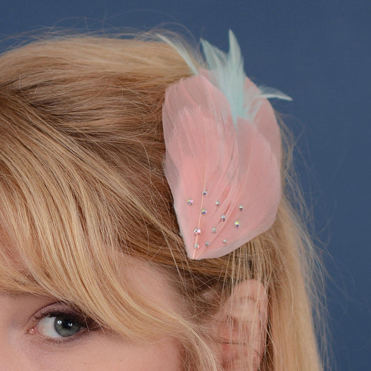 Feather Hair Clip in Vintage Pink and Mint with Crystal Embellishment | Feather Fascinator | Feather Headpiece | Bridal Hair Clip
