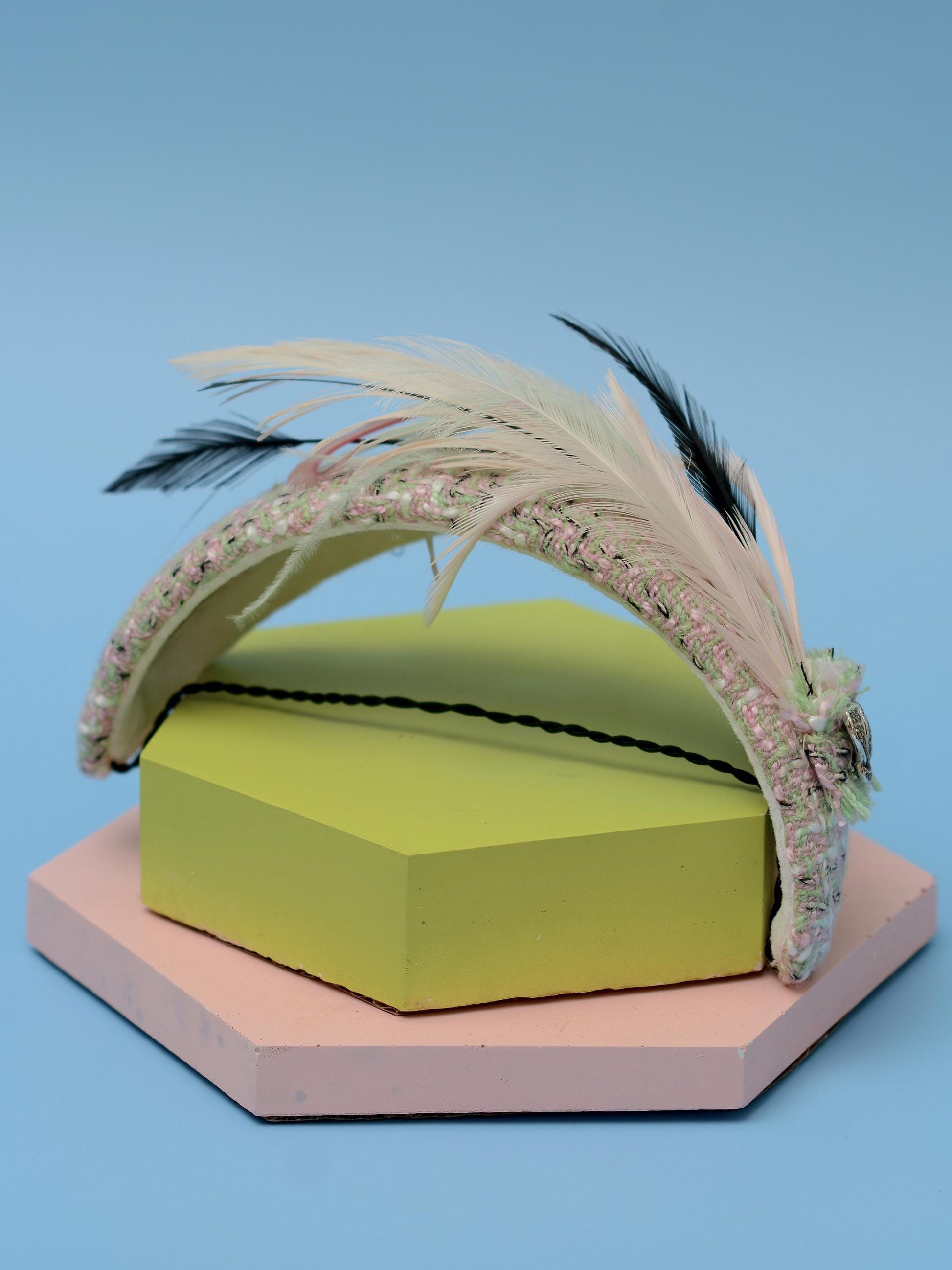 Tweed Pink and Mint Green Bandeau Fascinator with Feather Mount | Feather Hat | Wedding Fascinator