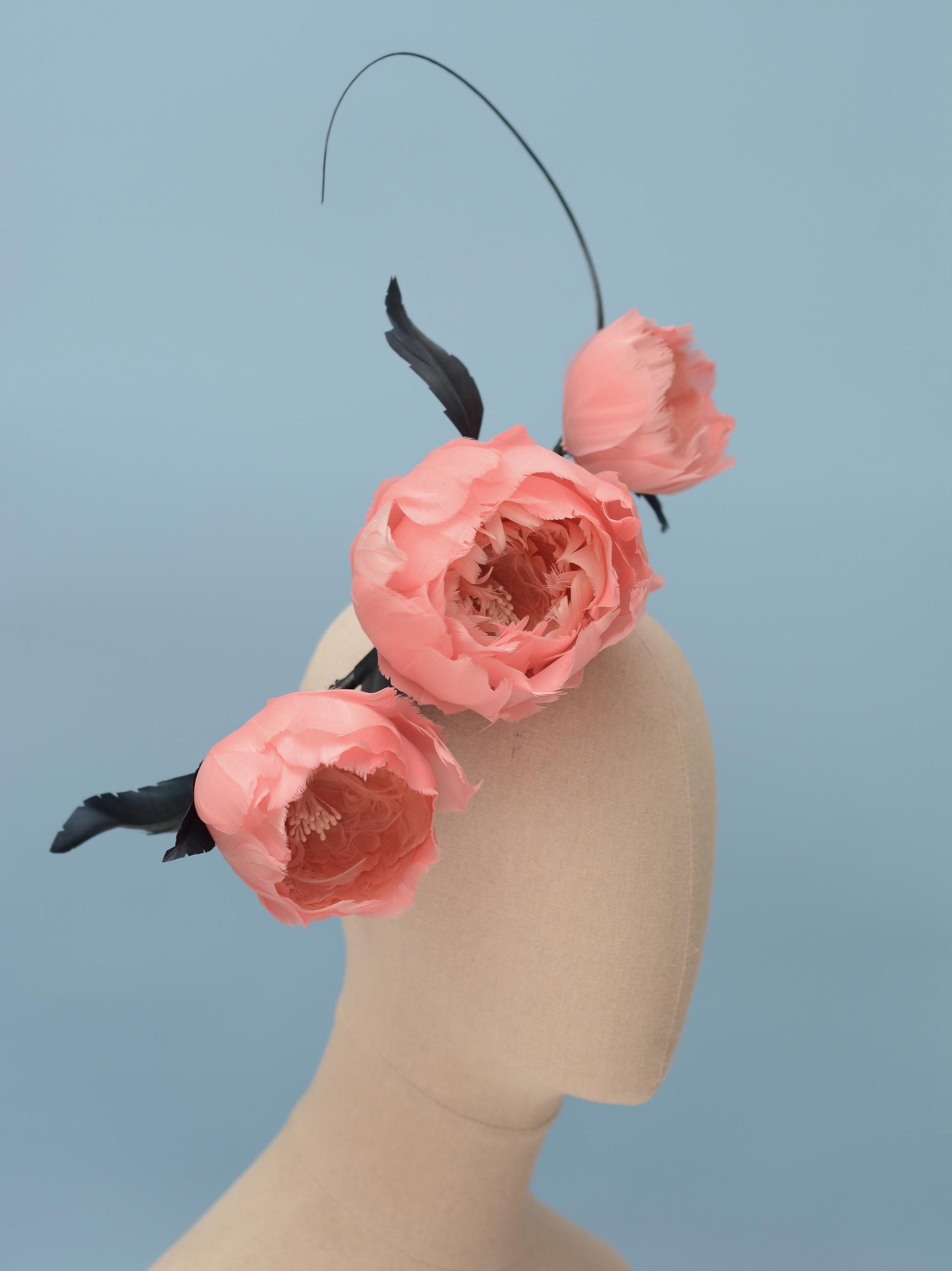 Soft Pink Peonies and Navy Blue Feather Flower Headpiece